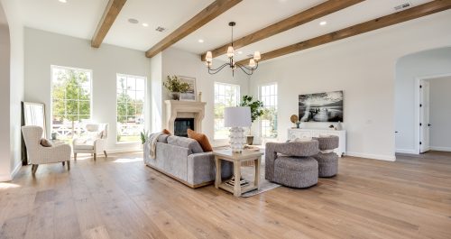 Bright Oklahoma City living room with stone fireplace and wide-plank wood floors.