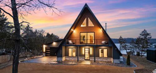 Arkansas lake front cabin with A-frame design and modern interiors
