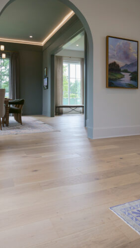 Modern dining room with expansive windows and Silvian Tuuli oak flooring