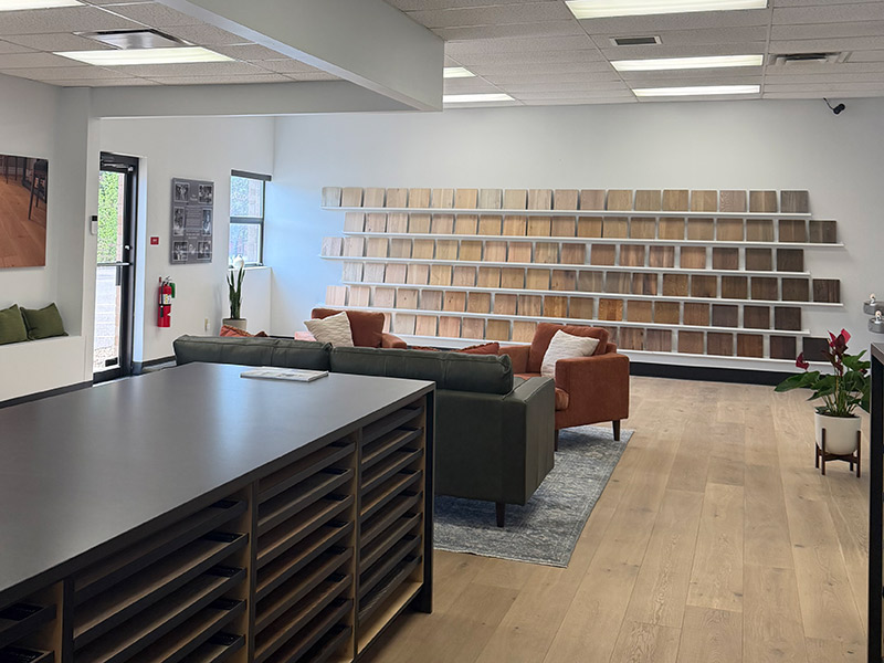 rwf-location design center showroom with wood sample wall