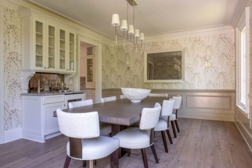 Dining room featuring Weeping Blossom wallpaper and Silvian Virta European white oak flooring.