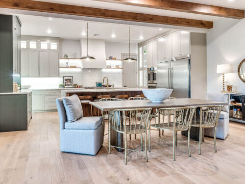 Battersea European White Oak flooring with light wood cabinetry and exposed ceiling beams