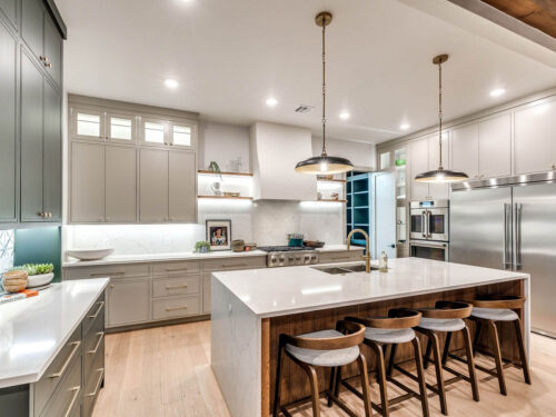 New construction kitchen with 1875 Battersea oak flooring and layered natural tones