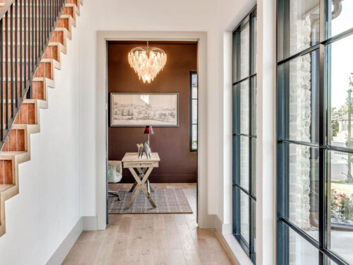 Moody brown-red home office with light European White Oak flooring