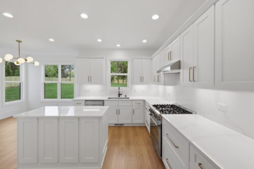 Modern bright kitchen with rigid core SPC flooring