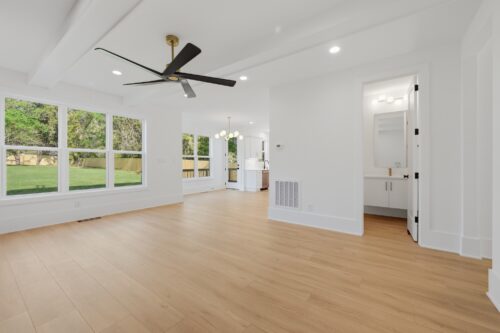 Extra-wide plank Watersafe flooring extending through an open living space