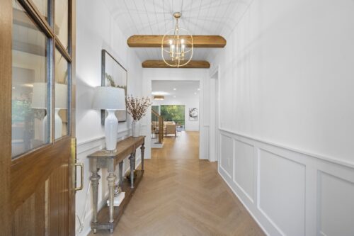 Custom herringbone entryway in new construction home, Raleigh, North Carolina